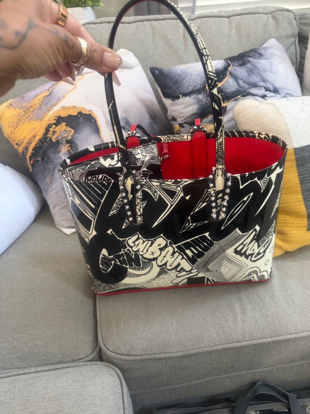 Christian Louboutin Black & White Graffiti Patent Tote with Red Trim. - Picture 6 of 6
